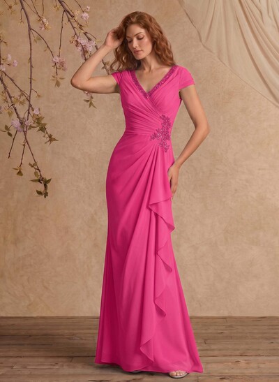 Sheath/Column V-Neck Floor-Length Chiffon Mother Of The Bride Dress With Appliques Lace