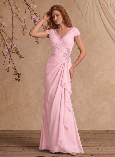 Sheath/Column V-Neck Floor-Length Chiffon Mother Of The Bride Dress With Appliques Lace