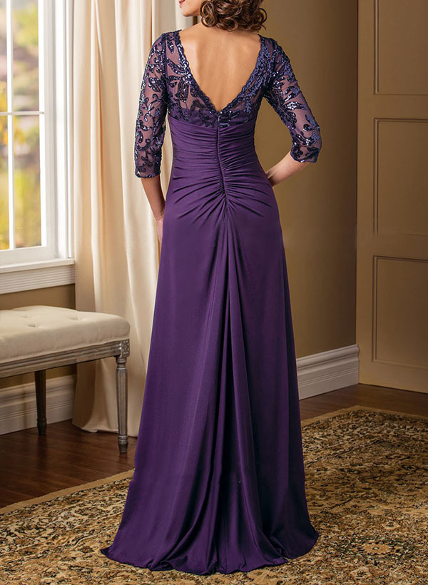 A-Line V-Neck Floor-Length Chiffon Mother Of The Bride Dress With Lace Sequins