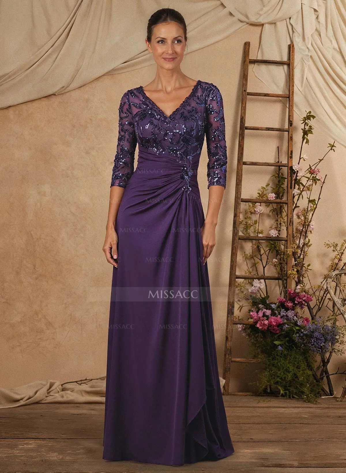 Missacc Mother Of The Bride Dresses A-Line V-Neck Floor-Length Chiffon Mother Of The Bride Dress With Lace Sequins