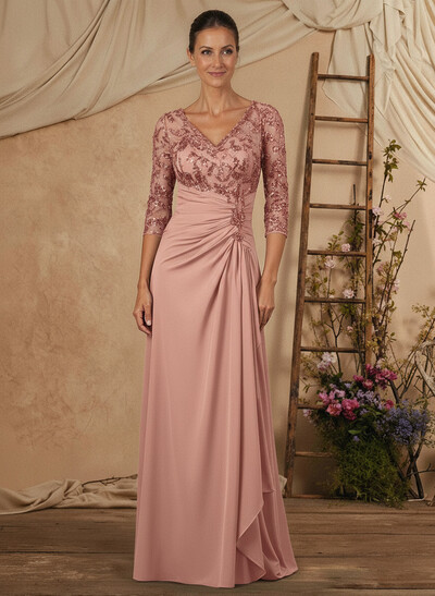 A-Line V-Neck Floor-Length Chiffon Mother Of The Bride Dress With Lace Sequins