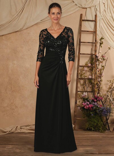 A-Line V-Neck Floor-Length Chiffon Mother Of The Bride Dress With Lace Sequins