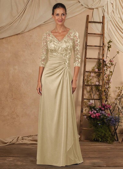 A-Line V-Neck Floor-Length Chiffon Mother Of The Bride Dress With Lace Sequins