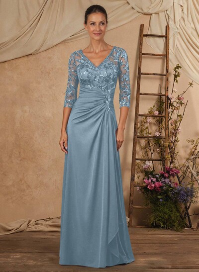 A-Line V-Neck Floor-Length Chiffon Mother Of The Bride Dress With Lace Sequins
