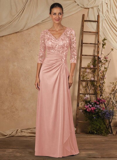 A-Line V-Neck Floor-Length Chiffon Mother Of The Bride Dress With Lace Sequins