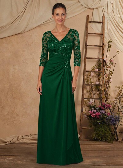 A-Line V-Neck Floor-Length Chiffon Mother Of The Bride Dress With Lace Sequins