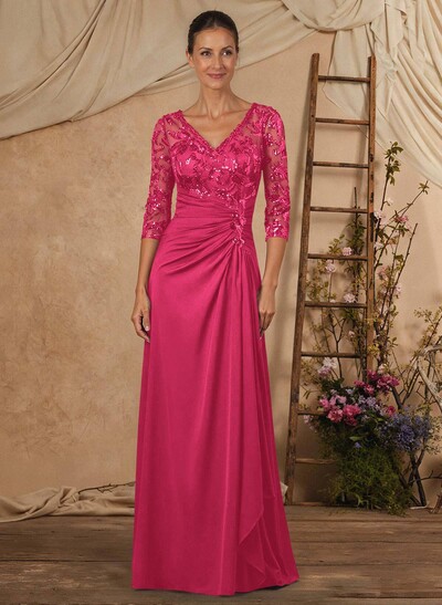 A-Line V-Neck Floor-Length Chiffon Mother Of The Bride Dress With Lace Sequins