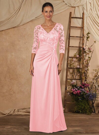 A-Line V-Neck Floor-Length Chiffon Mother Of The Bride Dress With Lace Sequins