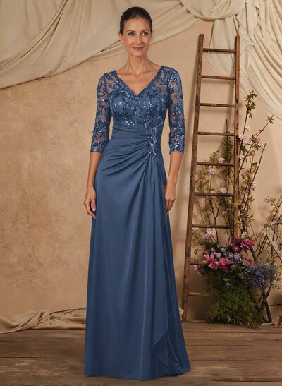 A-Line V-Neck Floor-Length Chiffon Mother Of The Bride Dress With Lace Sequins