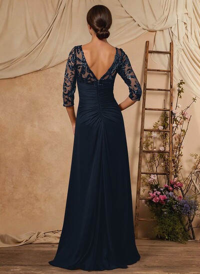 A-Line V-Neck Floor-Length Chiffon Mother Of The Bride Dress With Lace Sequins