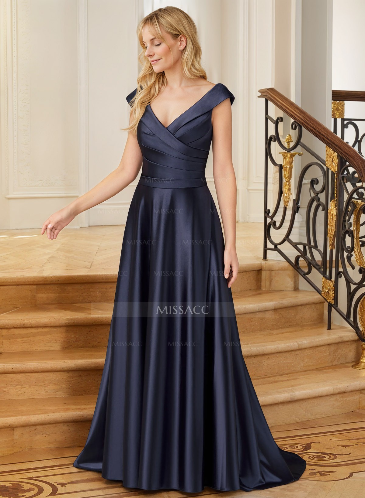 A-Line V-Neck Sweep Train Satin Mother Of Bridesmaid Dress With Pleated