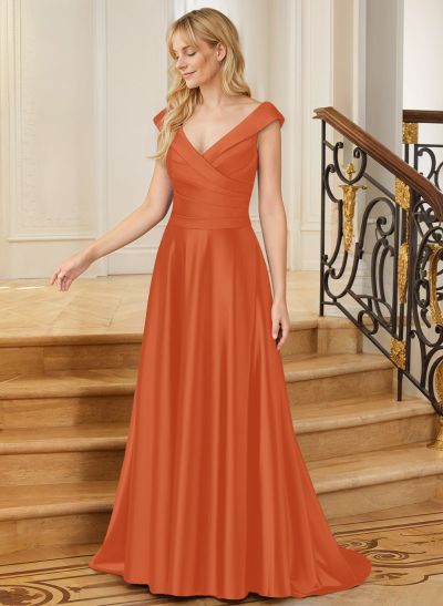 A-Line V-Neck Sweep Train Satin Mother Of Bridesmaid Dress With Pleated