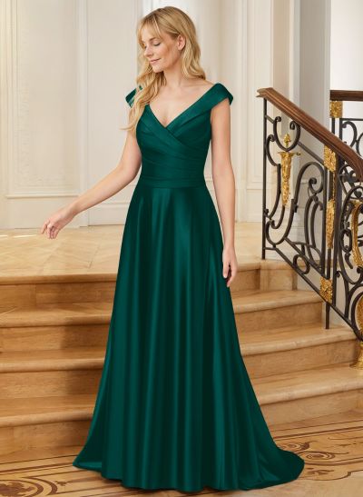 A-Line V-Neck Sweep Train Satin Mother Of Bridesmaid Dress With Pleated