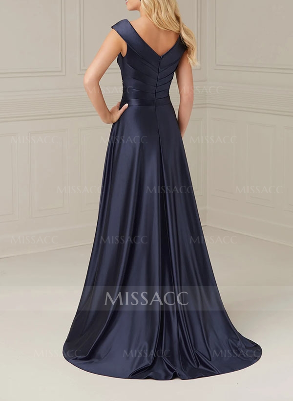 A-Line V-Neck Sweep Train Satin Mother Of Bridesmaid Dress With Pleated