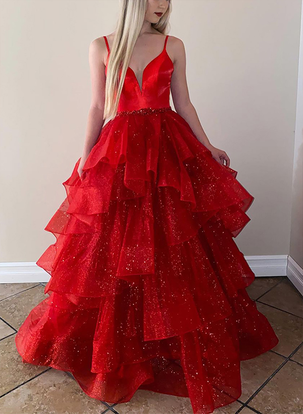 A-line V Neck Spaghetti Straps Tulle Floor-Length Prom Dress With Beading Cascading Ruffles