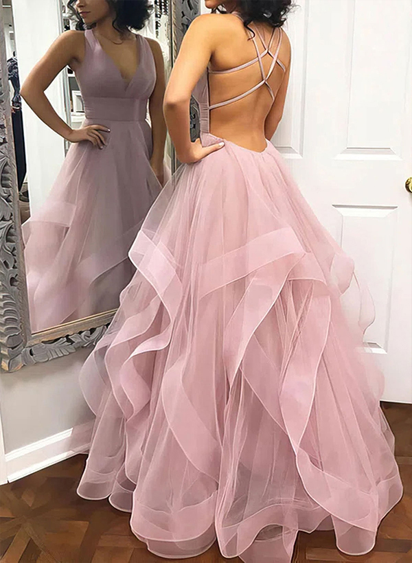 A-line V Neck Sleeveless Tulle Floor-Length Prom Dress With Cascading Ruffles
