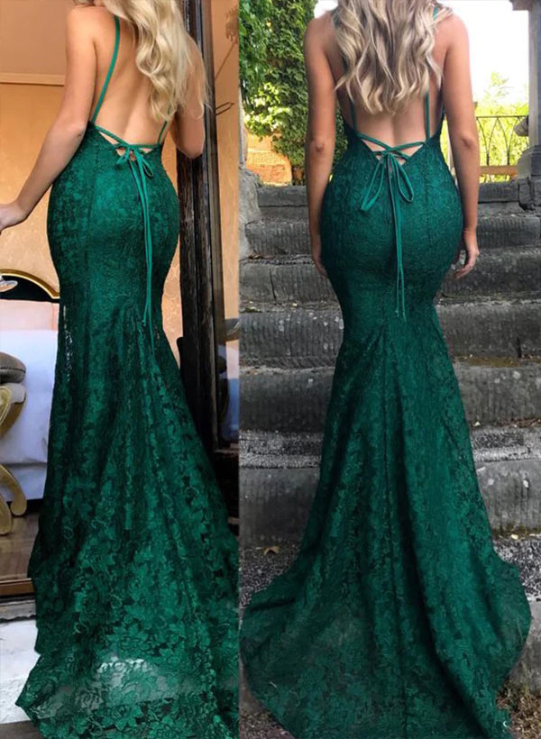 Trumpet/Mermaid V-Neck Sweep Train Lace Prom Dress