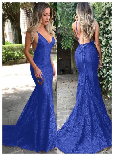 Trumpet/Mermaid V-Neck Sweep Train Lace Prom Dress