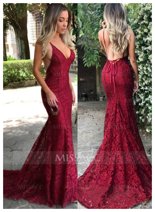 Trumpet/Mermaid V-Neck Sweep Train Lace Prom Dress