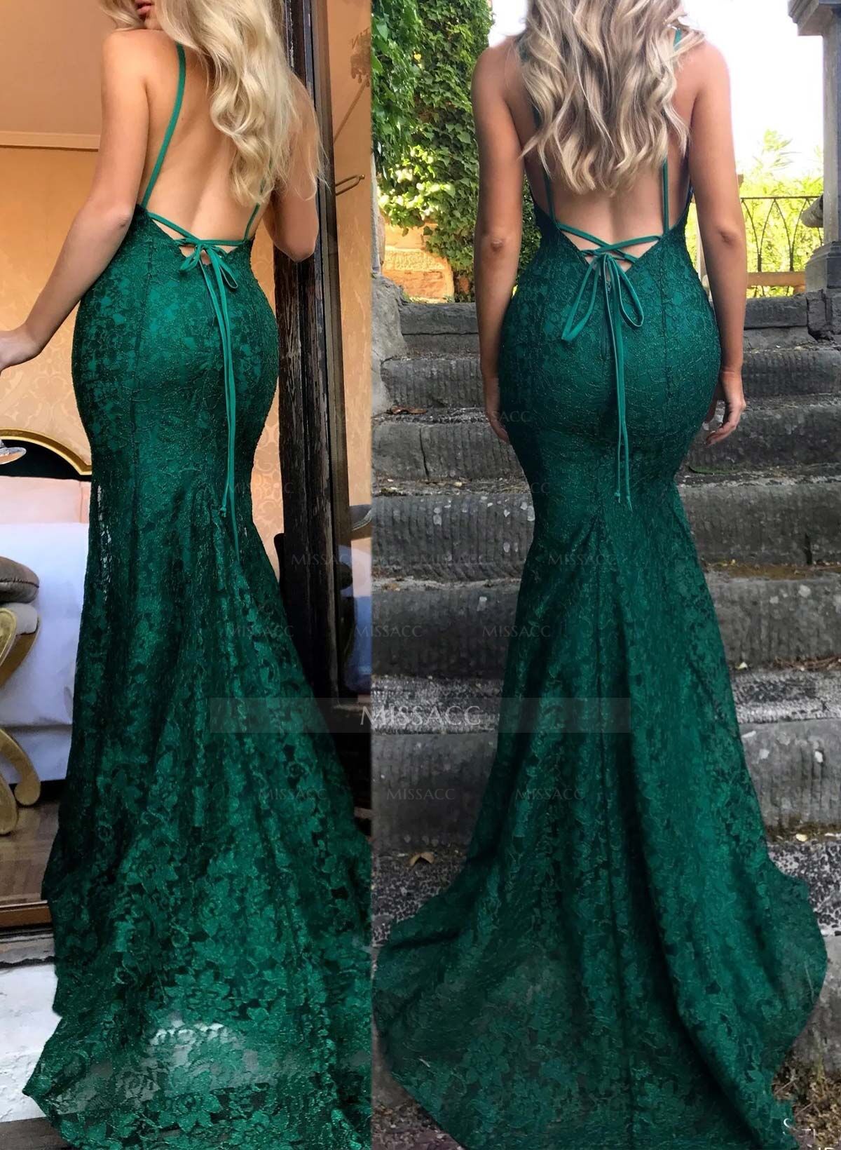 Trumpet/Mermaid V-Neck Sweep Train Lace Prom Dress
