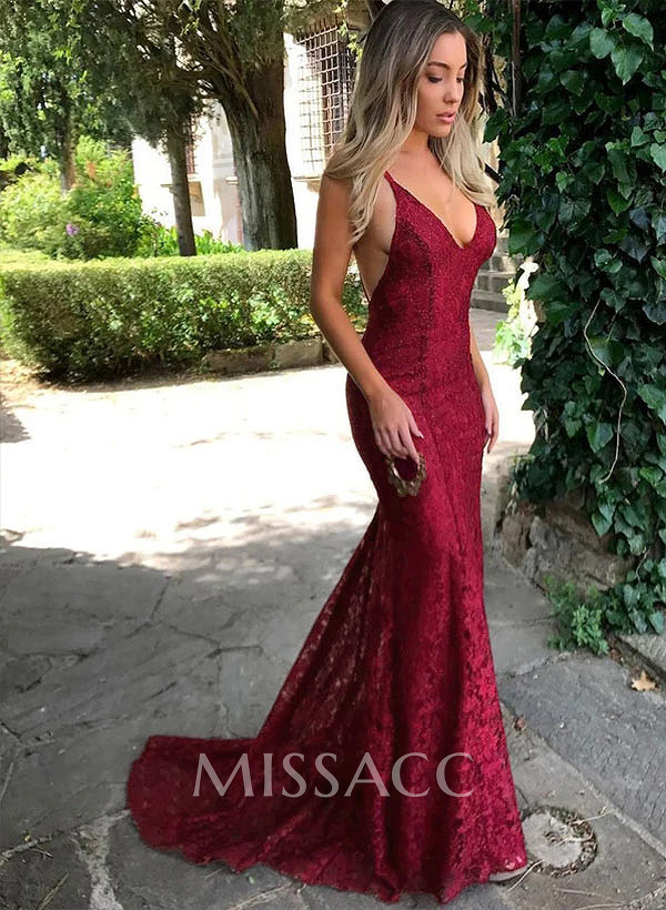 Trumpet/Mermaid V-Neck Sweep Train Lace Prom Dress Trumpet/Mermaid V-Neck Sweep Train Lace Prom Dress