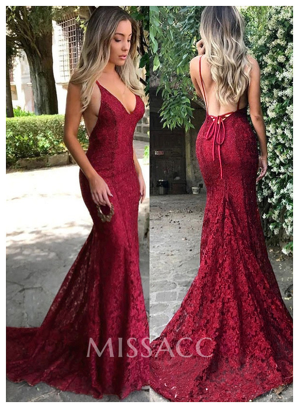 Trumpet/Mermaid V-Neck Sweep Train Lace Prom Dress Trumpet/Mermaid V-Neck Sweep Train Lace Prom Dress