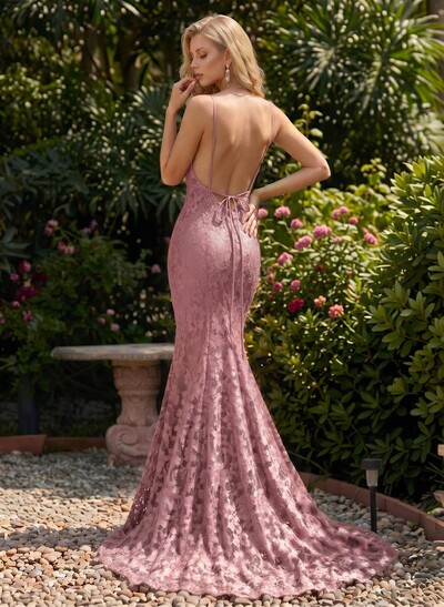 Trumpet/Mermaid V-Neck Sleeveless Sweep Train Lace Evening Dresses With Lace