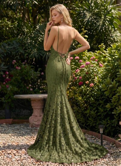Trumpet/Mermaid V-Neck Sleeveless Sweep Train Lace Evening Dresses With Lace