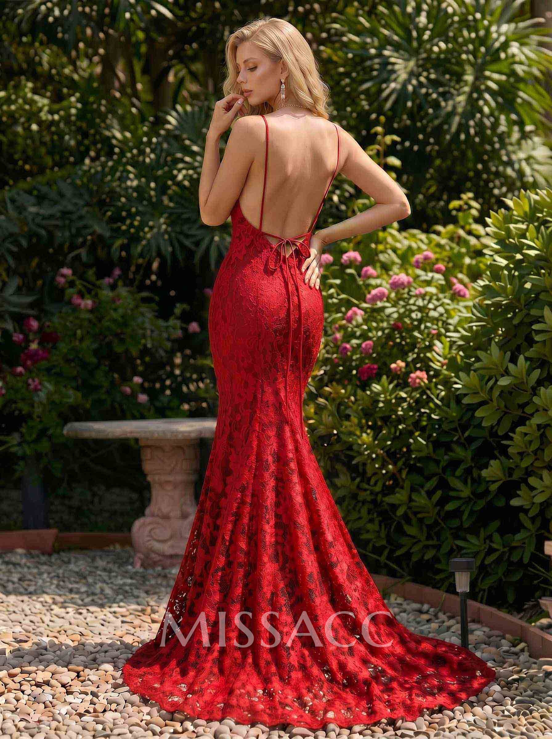 Trumpet/Mermaid V-Neck Sweep Train Lace Prom Dress