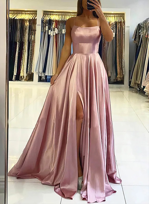 A-line Square Neckline Sleeveless Satin Sweep Train Prom Dress With Pleated Split Front