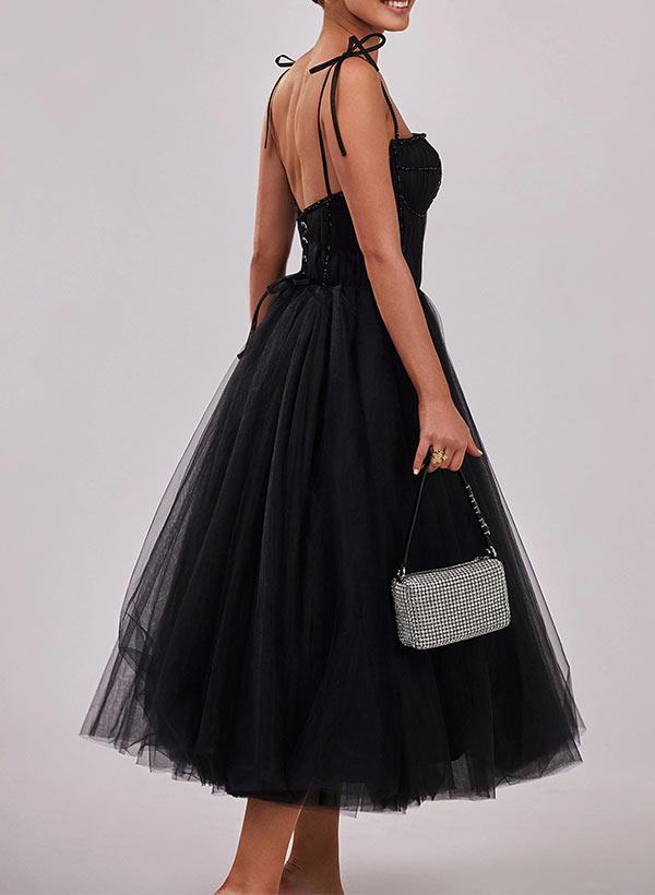 A-Line Sweetheart Knee-length Tulle Sleeveless Prom Dress With Beading