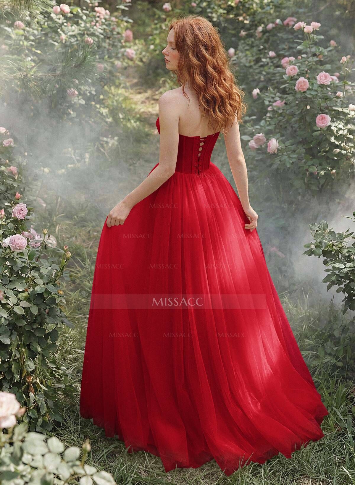 A-Line Sweetheart Floor-Length Tulle Sleeveless Prom Dress
