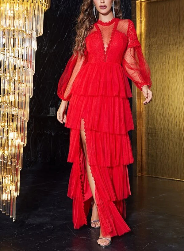 A-Line High Neck Floor-Length Tulle Prom Dress With Split Front