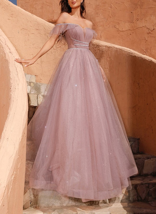 A-Line Off-the-Shoulder Sweep Train Tulle Prom Dress With Beading