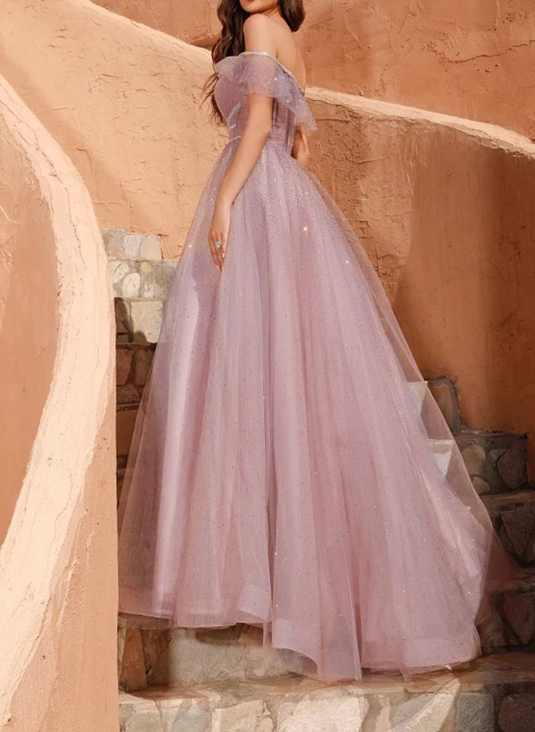 A-Line Off-the-Shoulder Sweep Train Tulle Prom Dress With Beading