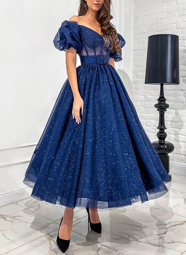 A-Line Sweetheart Ankle-Length Tulle Prom Dress