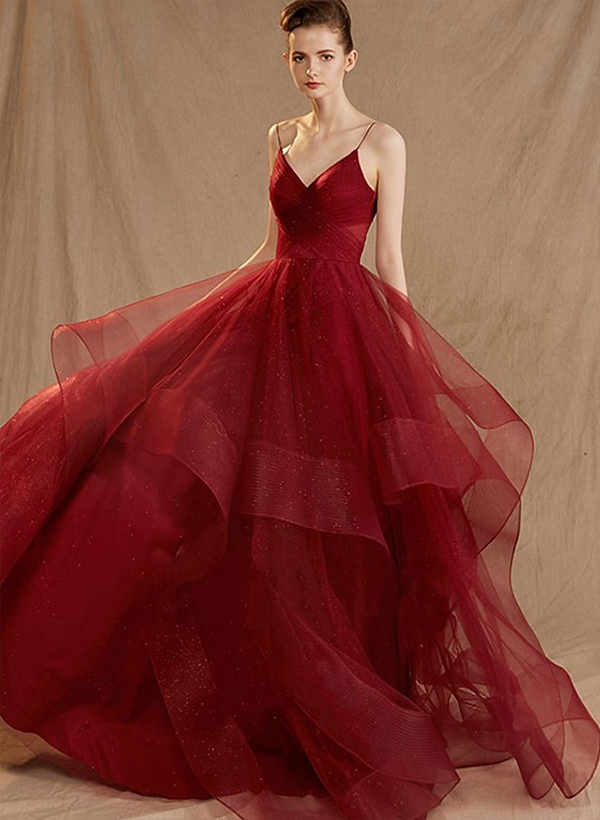 Burgundy A-Line V-Neck Sleeveless Tulle Floor-Length Prom Dress With Cascading Ruffles