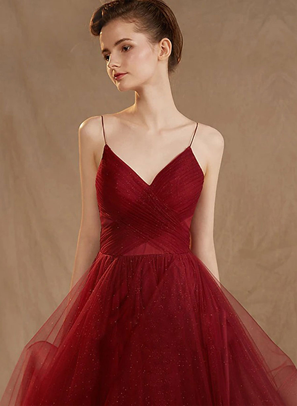 Burgundy A-Line V-Neck Sleeveless Tulle Floor-Length Prom Dress With Cascading Ruffles