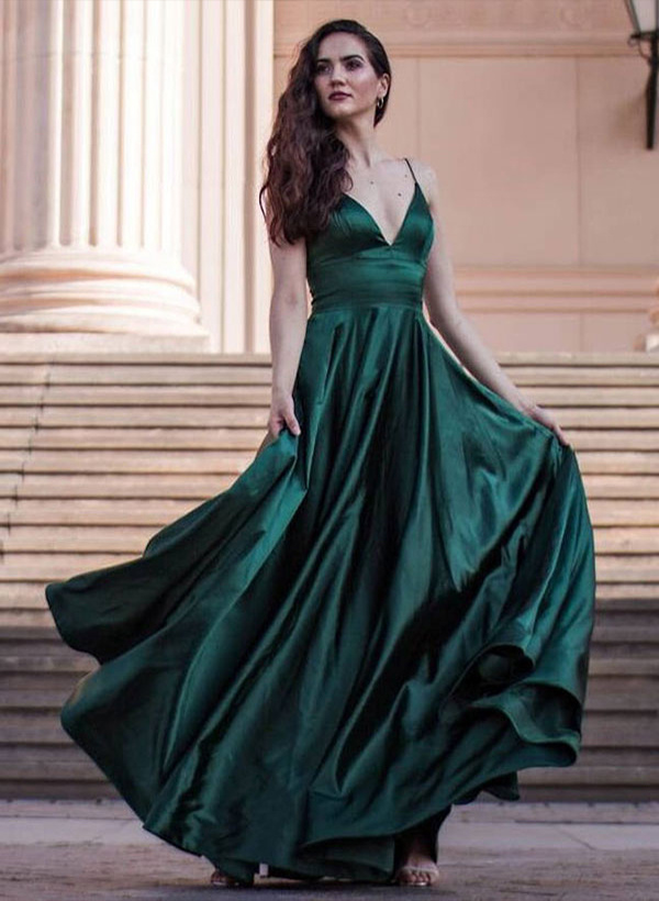 Dark Green A-Line V-Neck Sleeveless Satin Floor-Length Prom Dress With Pleated