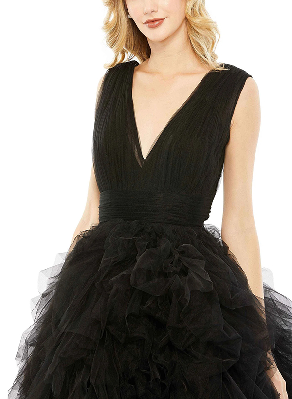 A-Line V-Neck Sleeveless Tulle Tea-Length Prom Dress