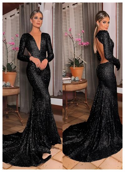 Trumpet/Mermaid V-Neck Long Sleeves Sequined Sweep Train Prom Dress With Sequins Back Hole