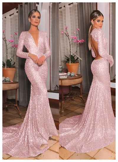 Trumpet/Mermaid V-Neck Long Sleeves Sequined Sweep Train Prom Dress With Sequins Back Hole