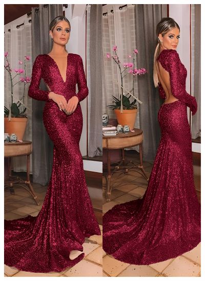 Trumpet/Mermaid V-Neck Long Sleeves Sequined Sweep Train Prom Dress With Sequins Back Hole