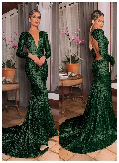 Trumpet/Mermaid V-Neck Long Sleeves Sequined Sweep Train Prom Dress With Sequins Back Hole