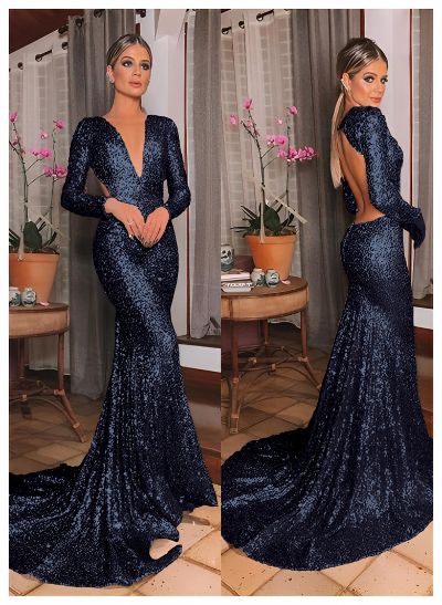 Trumpet/Mermaid V-Neck Long Sleeves Sequined Sweep Train Prom Dress With Sequins Back Hole