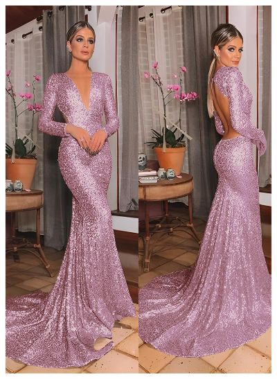 Trumpet/Mermaid V-Neck Long Sleeves Sequined Sweep Train Prom Dress With Sequins Back Hole