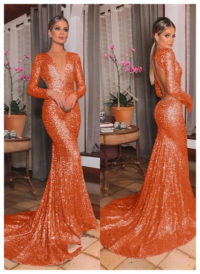 Trumpet/Mermaid V-Neck Long Sleeves Sequined Sweep Train Prom Dress With Sequins Back Hole