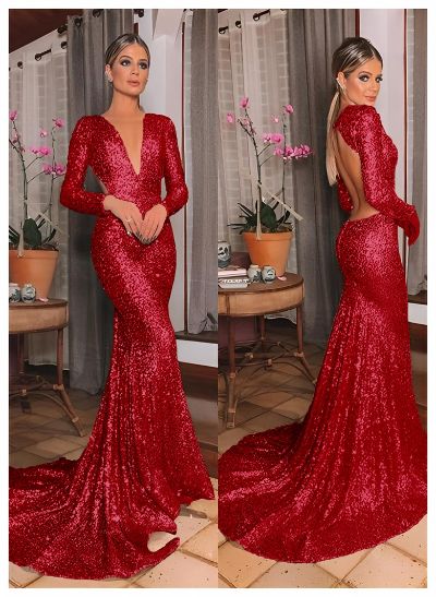 Trumpet/Mermaid V-Neck Long Sleeves Sequined Sweep Train Prom Dress With Sequins Back Hole