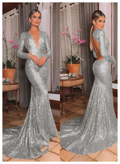 Trumpet/Mermaid V-Neck Long Sleeves Sequined Sweep Train Prom Dress With Sequins Back Hole