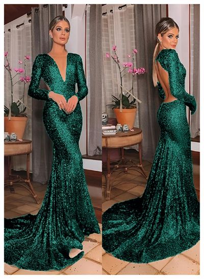 Trumpet/Mermaid V-Neck Long Sleeves Sequined Sweep Train Prom Dress With Sequins Back Hole